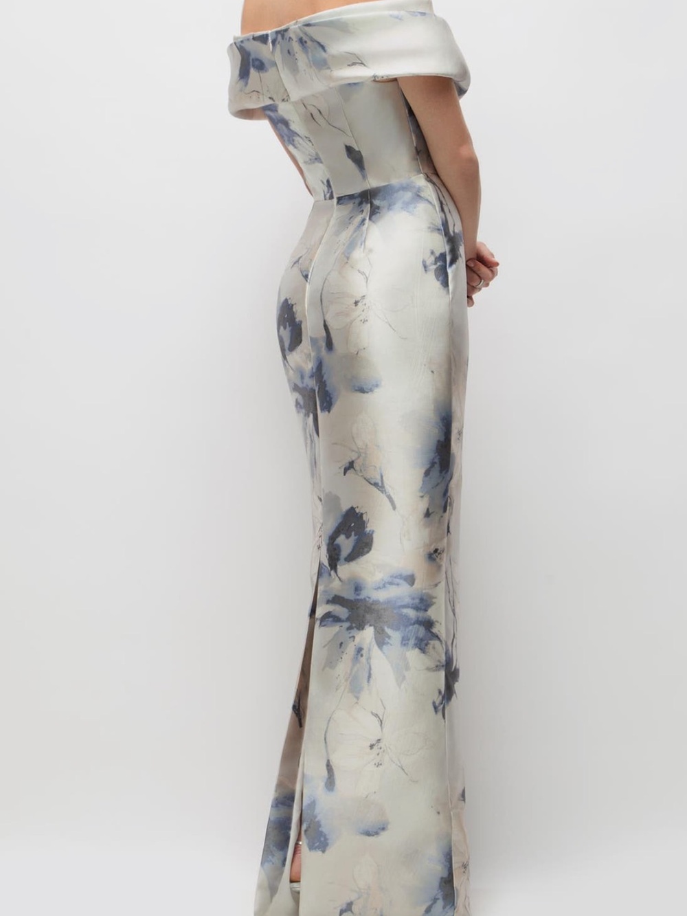 ALFRED SUNG Constance Light gray and Blue Floral Off-Shoulder Maxi Dress - Picture 3 of 15